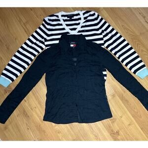 (2) Lot Of Tommy Hilfiger Womens M Stripped Sweater Sheer Button Up Top